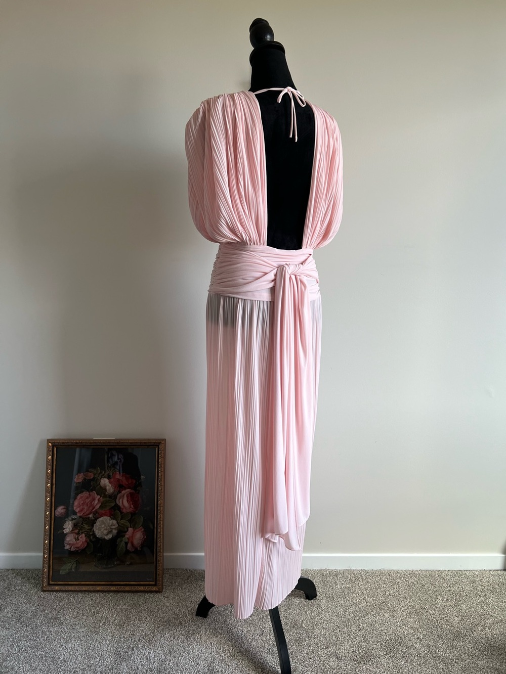 Vintage Elegant Baby Pink Pleated Goddess Backless Maxi Dress